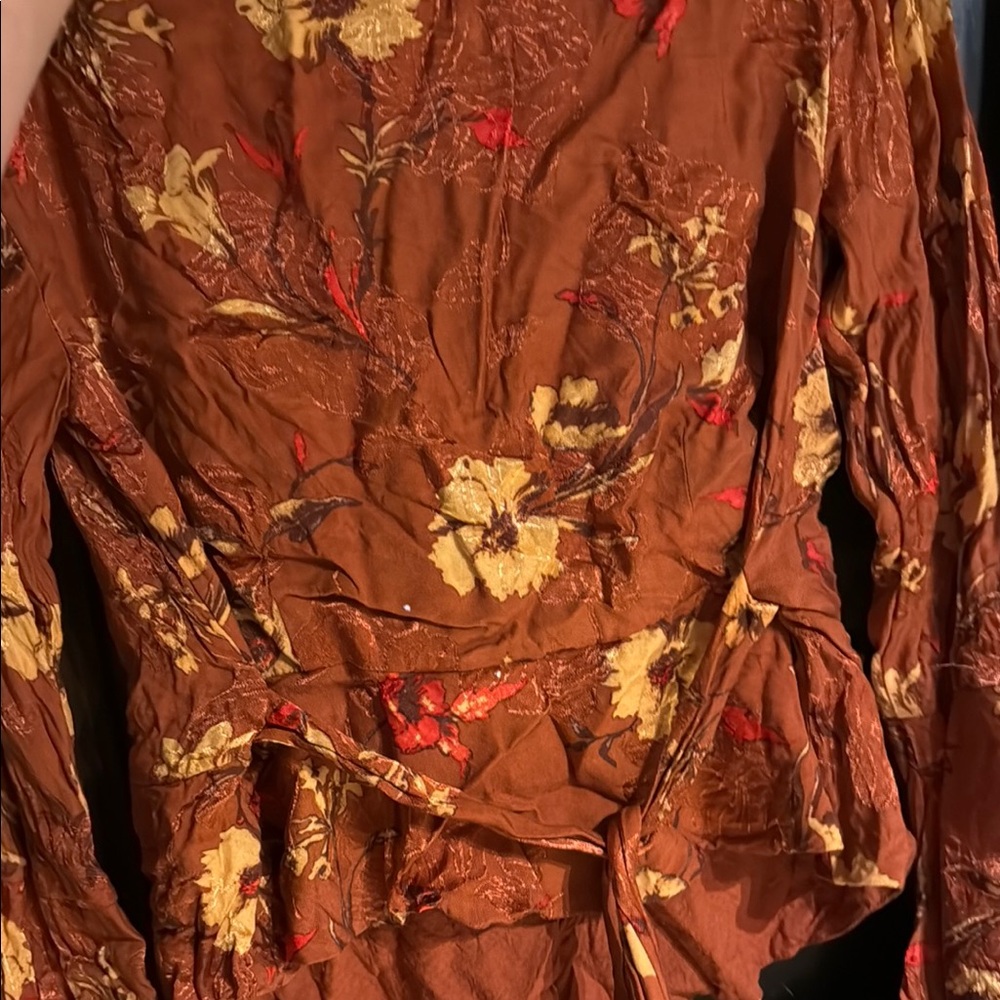 Free People Orange Wrap Blouse with Tie Front and Long Sleeves - Picture 4 of 4